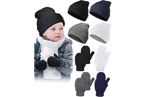 Vicenpal 4 Sets Kids Winter Beanies with Gloves Knitted Beanie Hats Toddler Cap Gloves Set Cuffed Skull Cap for Boys Girls
