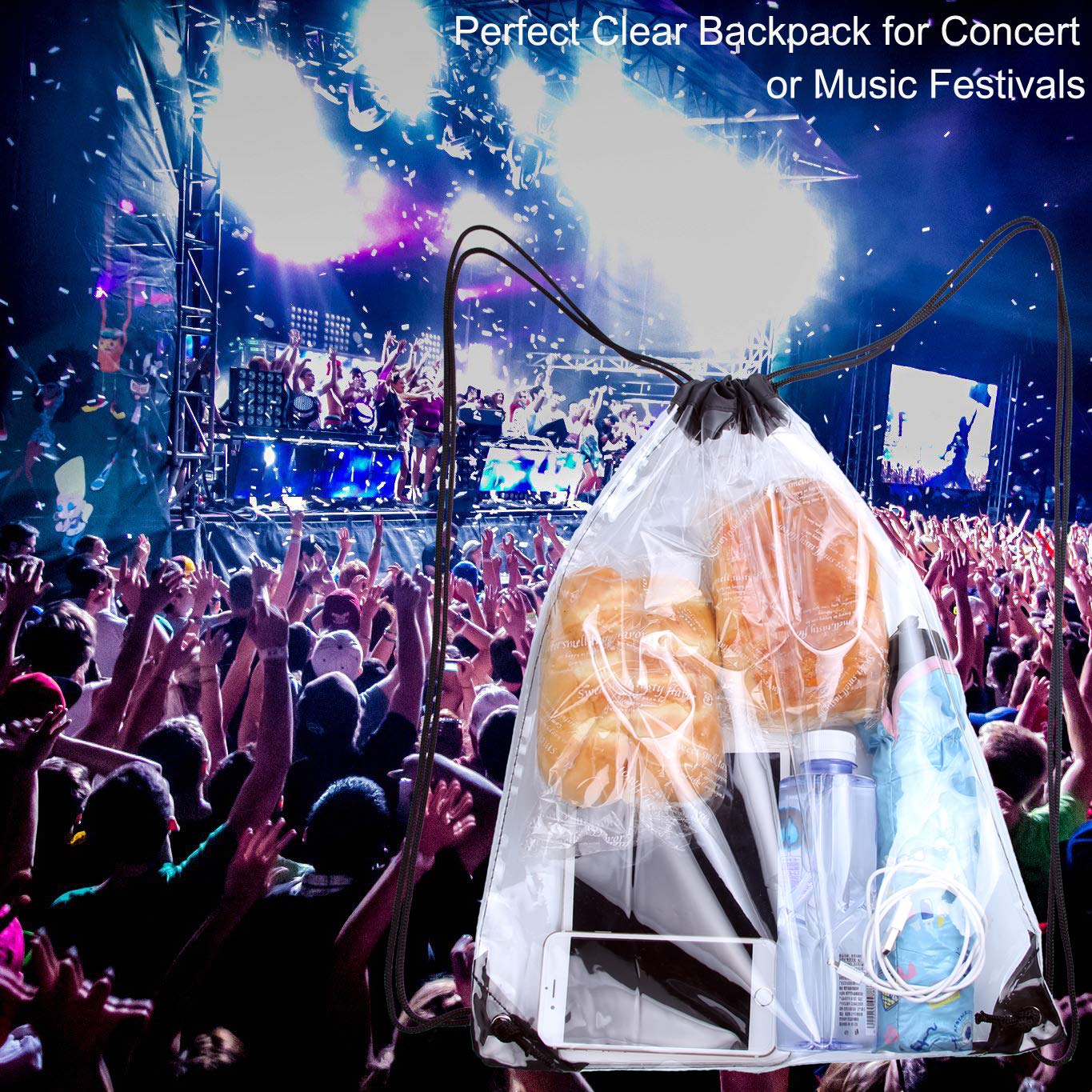 Clear Drawstring Bag Cinch String Pack Backpack Rucksack Shoulder Sack