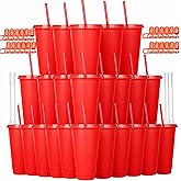 Alohastarttg 24 oz Reusable Plastic Cups, Custom Cups for Party with Lids and Straws, 24 Pack Iced Coffee Travel Mugs or Mean Girls Party Tumblers, Leak Proof Coffee Travel Mug (24, Red)