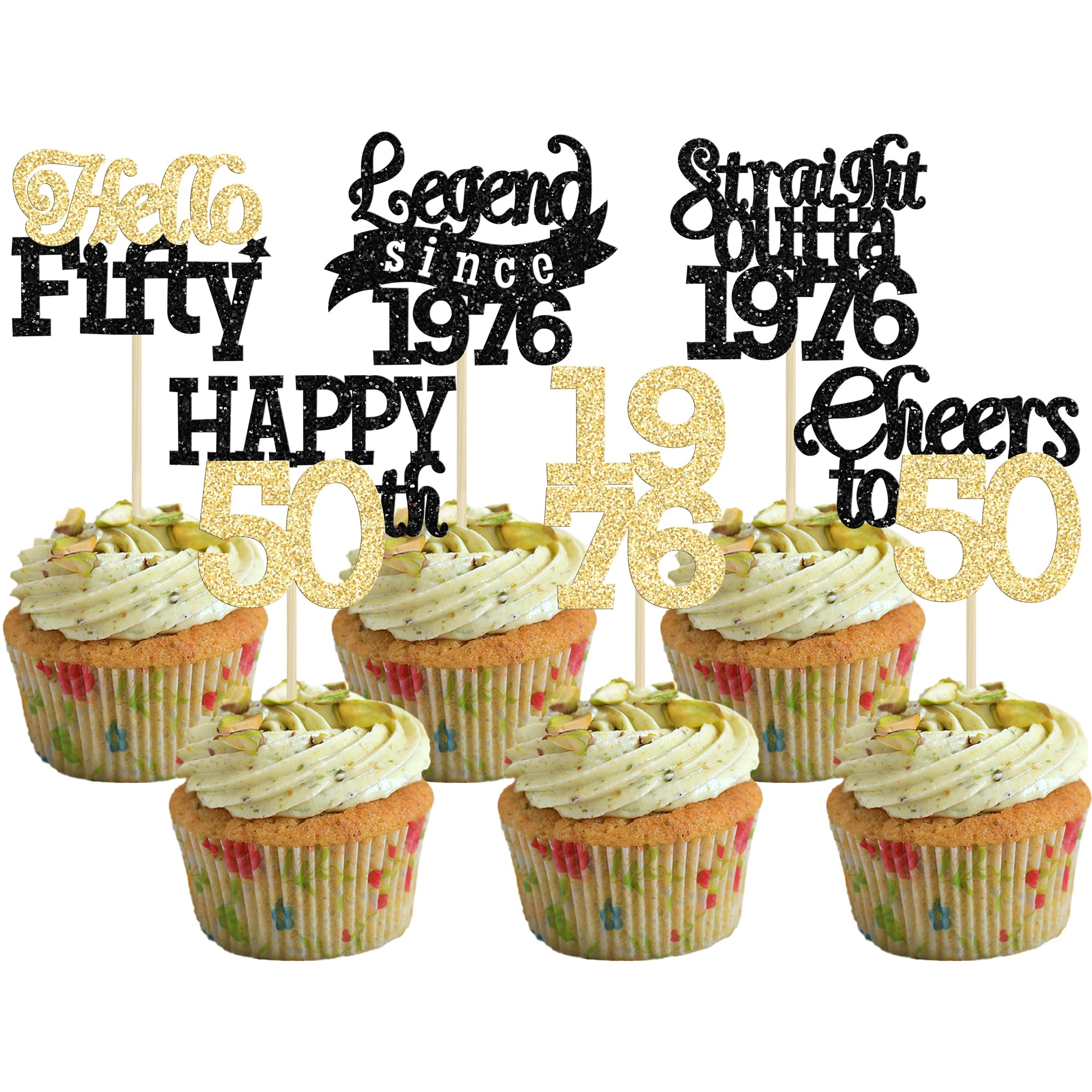 Gyufise 24Pcs Happy 50th Birthday Cupcake Toppers Hello Fifty Legend Since 1976 Cupcake Picks Cheers to 50 Years Cake Decorations for 50th Birthday Anniversary Party Supplies Black Gold