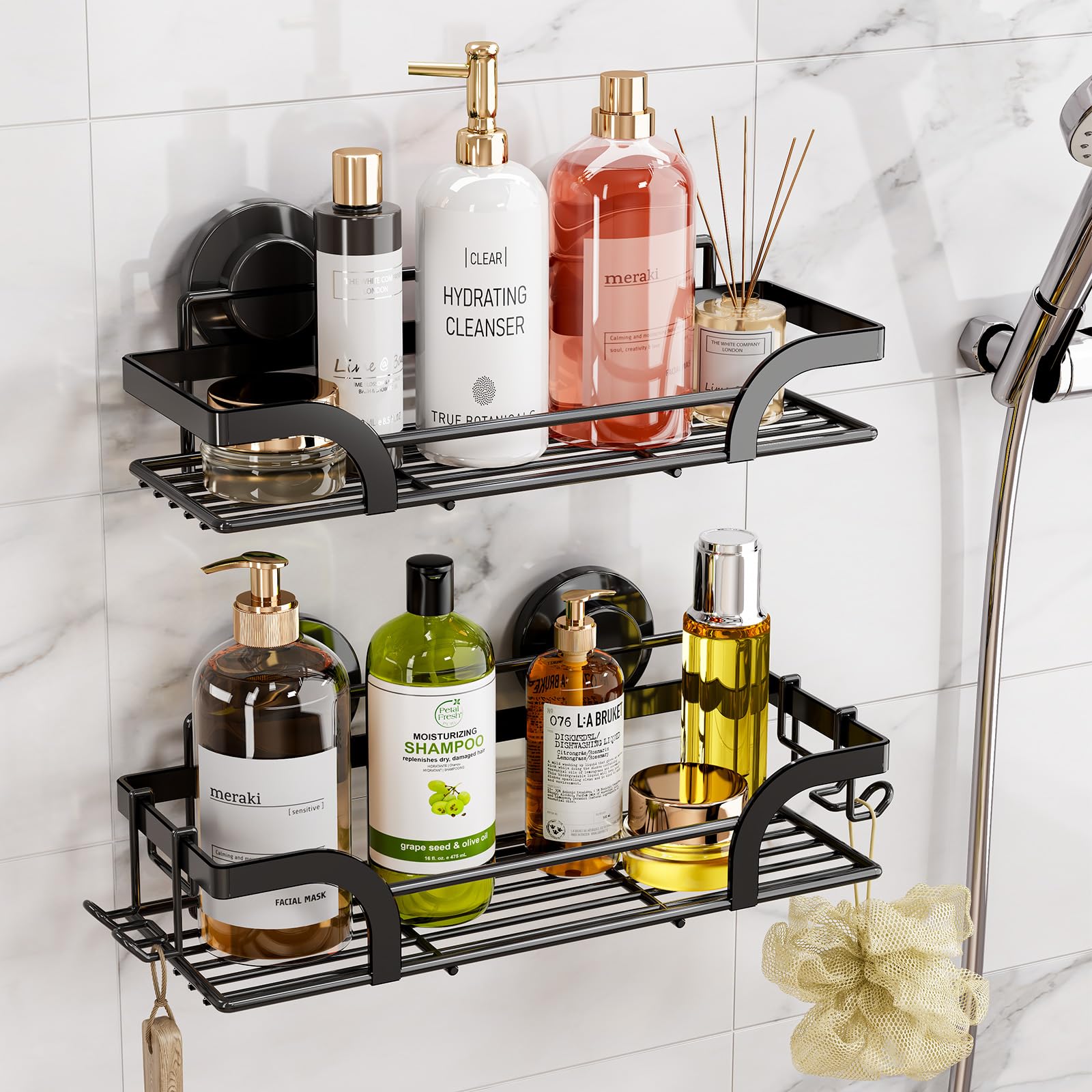 TAILI 2 Pack Rustproof Suction Shower Caddy, Stainless Steel Suction Cup Shower Caddy Bathroom Shelves No Drilling Heavy Duty Holder Removable Powerful Bathroom for Shampoo Toiletries Kitchen, Black