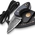 Rising Carft Damascus Neck Knife with Leather Sheath 4.5 inches Damascus Steel Blade Survival Knife-Fixed Blade Knife-Utility Knife For EDC, Camping, Outdoor, and Gift For Men