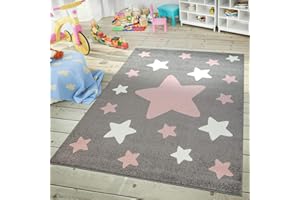 PACO HOME Rug for Kids Room & Nursery Starry Sky Star Pattern Playroom in Dark Gray Pink White, Size: 4'7" x 6'7"