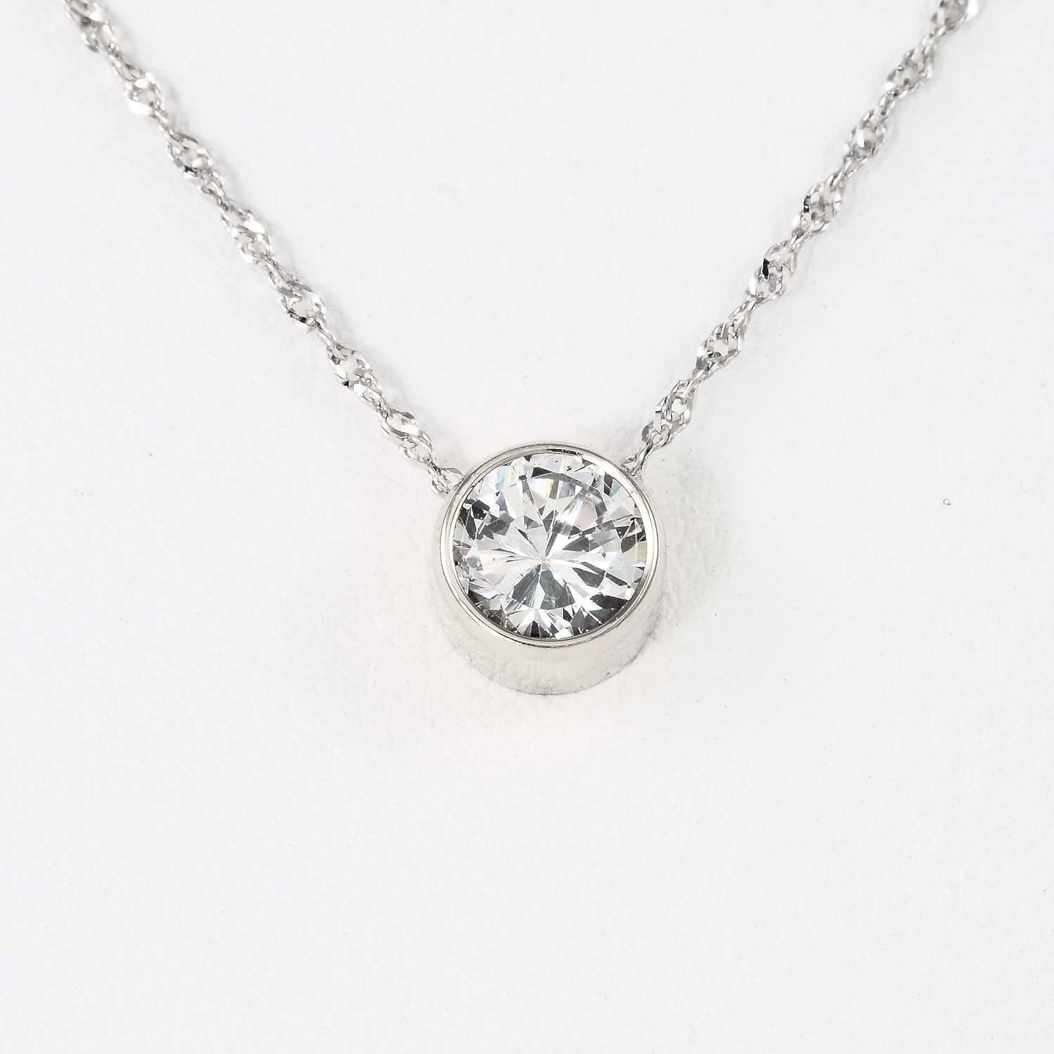 14k White Gold Round Bezel Setting CZ Necklace (6.5mm / 1.0ct) 20