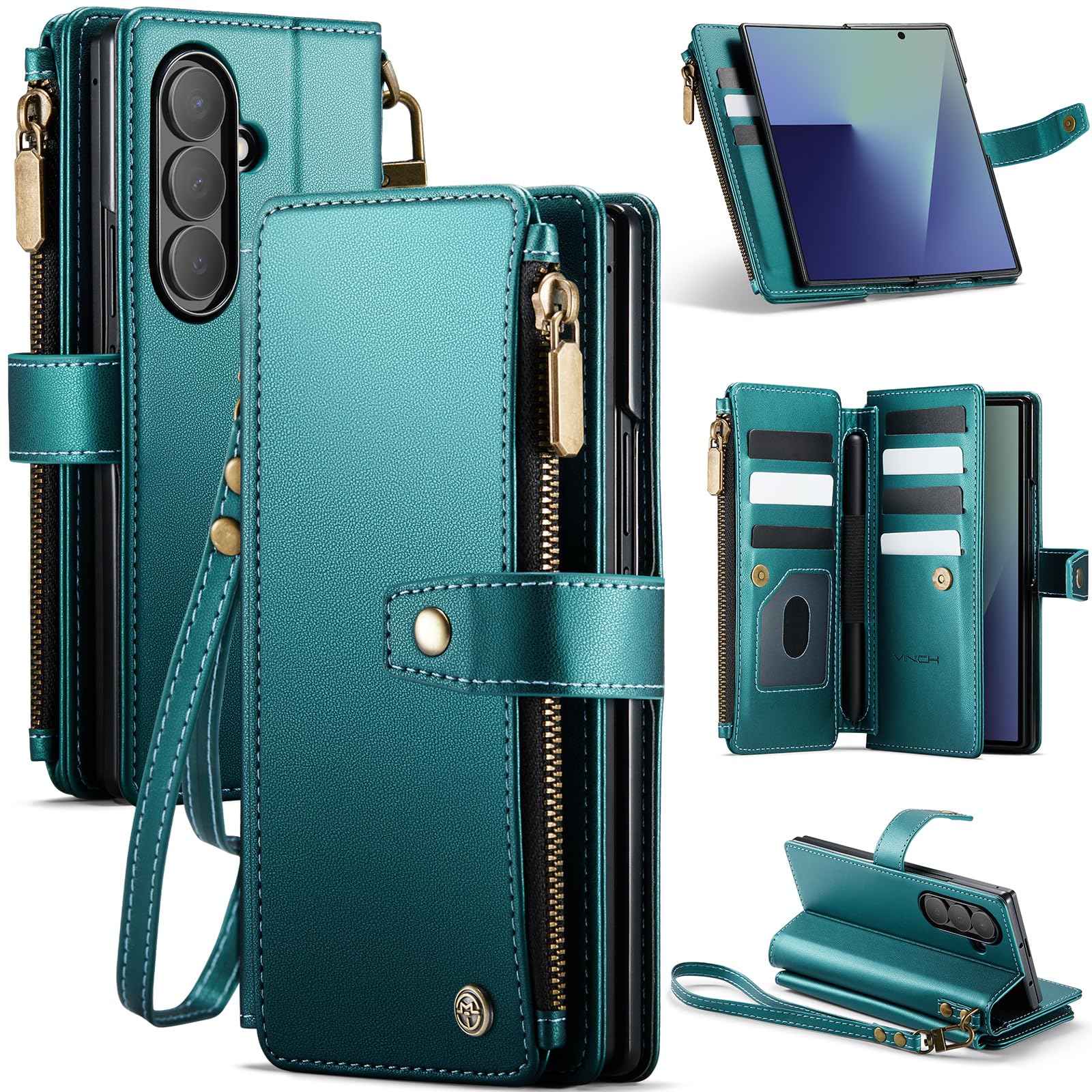 Photo 1 of Vinich for Samsung Galaxy Z Fold 7 Wallet Case with Card Holder, Detachable Strap RFID Blocking Credit Slots Kickstand Shockproof Phone Cover for Women Men, Bluish Green