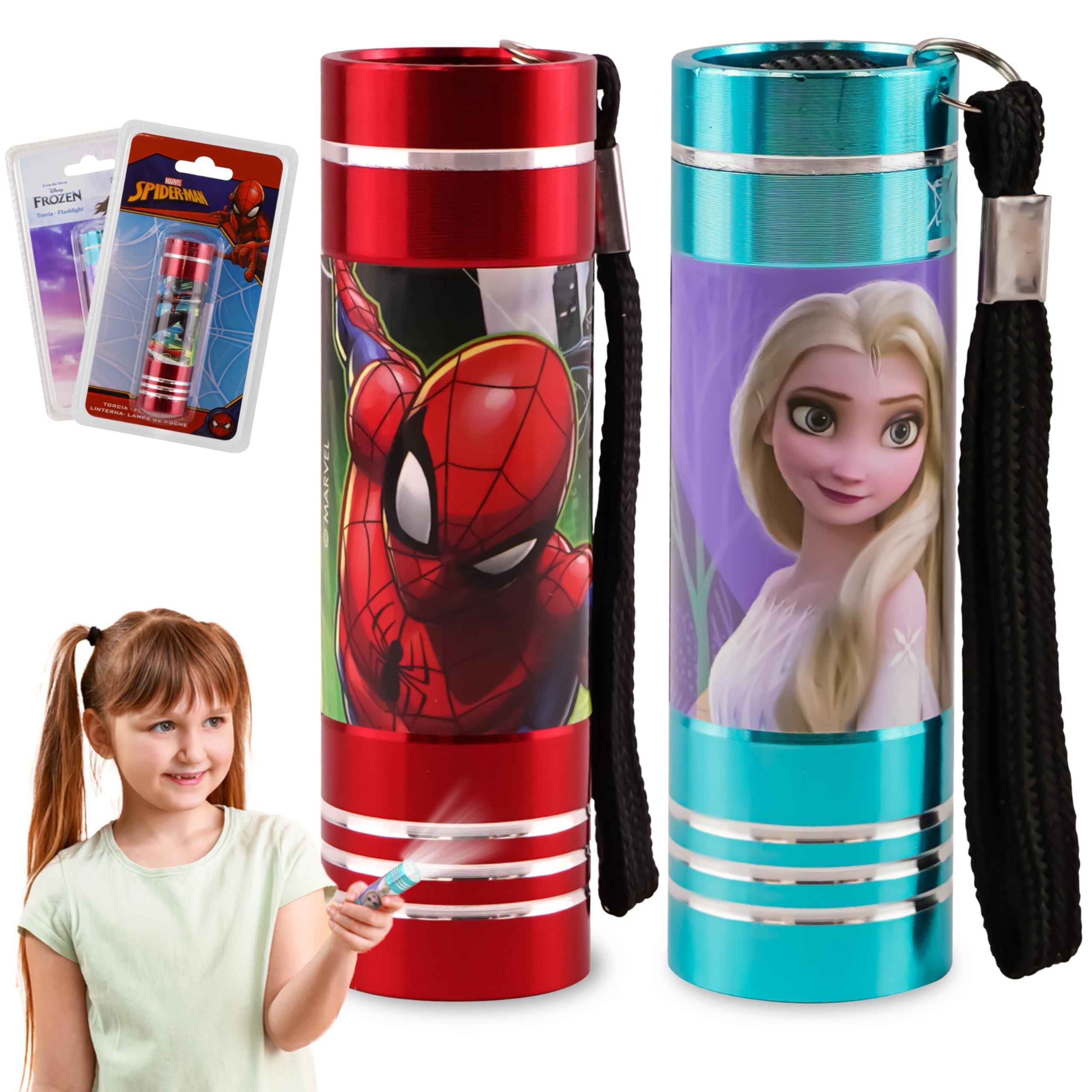 SRV Hub 2Pcs Children's Christmas Torches, Frozen and Spiderman LED Torch, Super Bright LED Aluminium Torches, Nightlights with Lanyard for Travel, Kids Xmas Flashlights Gift 3+ Years Size - 8.7cm