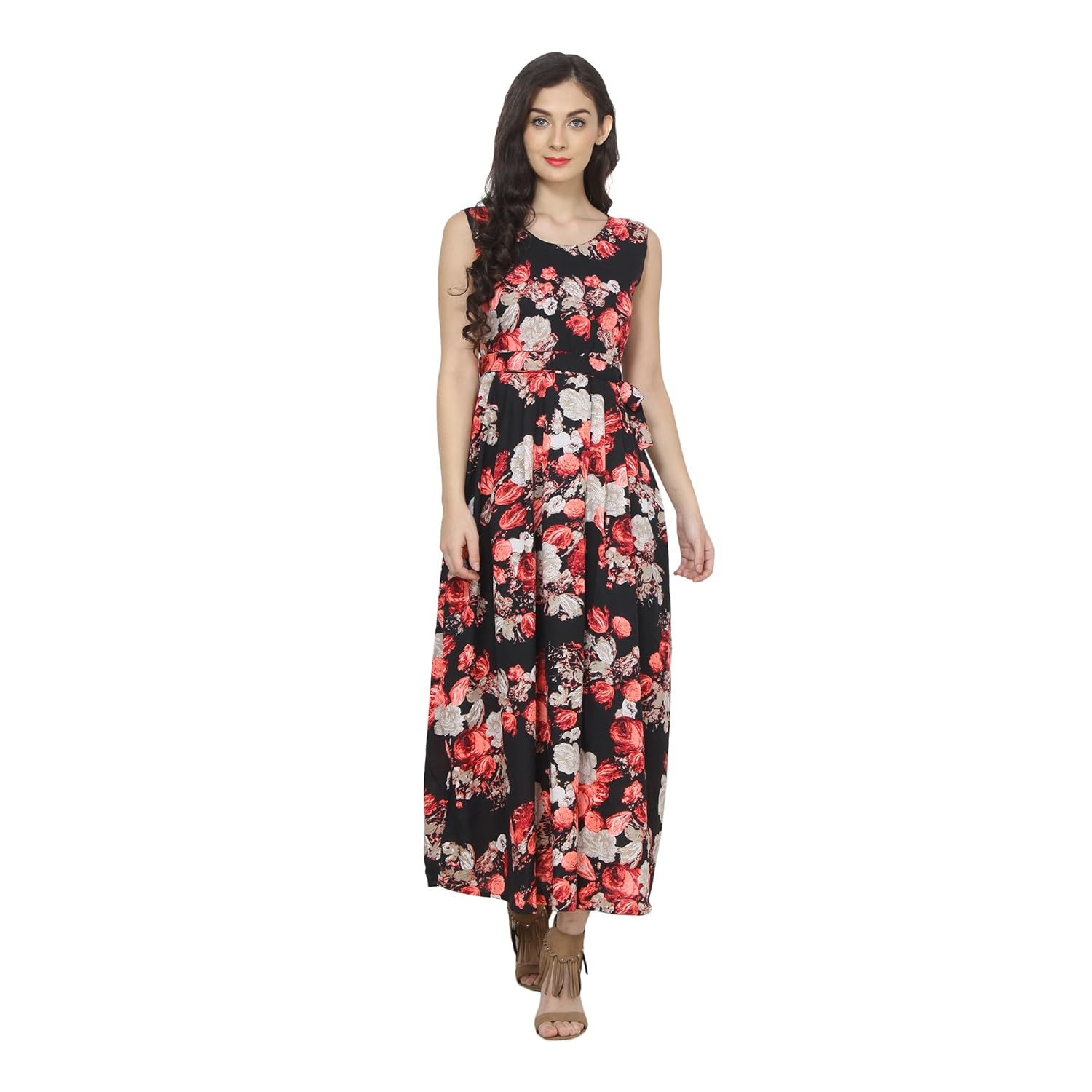 my swag women's crepe floral print sleeveless round neck maxi