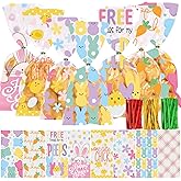 JOICEE 120 PCS Easter Cellophane Treat Bags, Easter Cellophane Goodie Cookies Gift Bags Bunny Chick Goody Bags with Ties for Easter Party Favor Supply