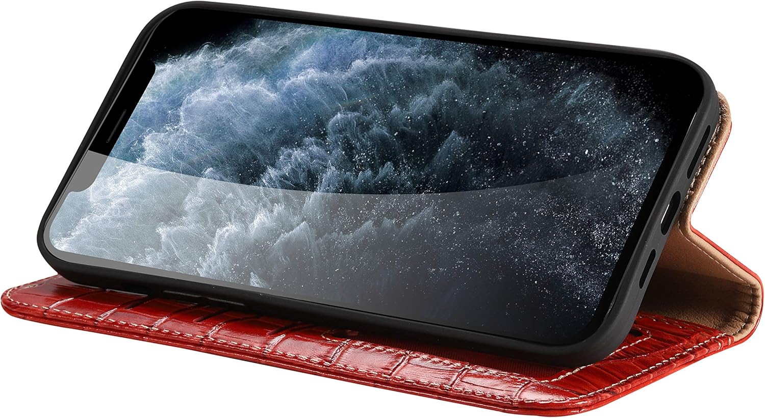 nincyee Genuine Leather Wallet Case for iPhone 12 Pro Max,Classic Crocodile Pattern Real Leather Flip Stand Case Cover with Card Slot Red - Image 5
