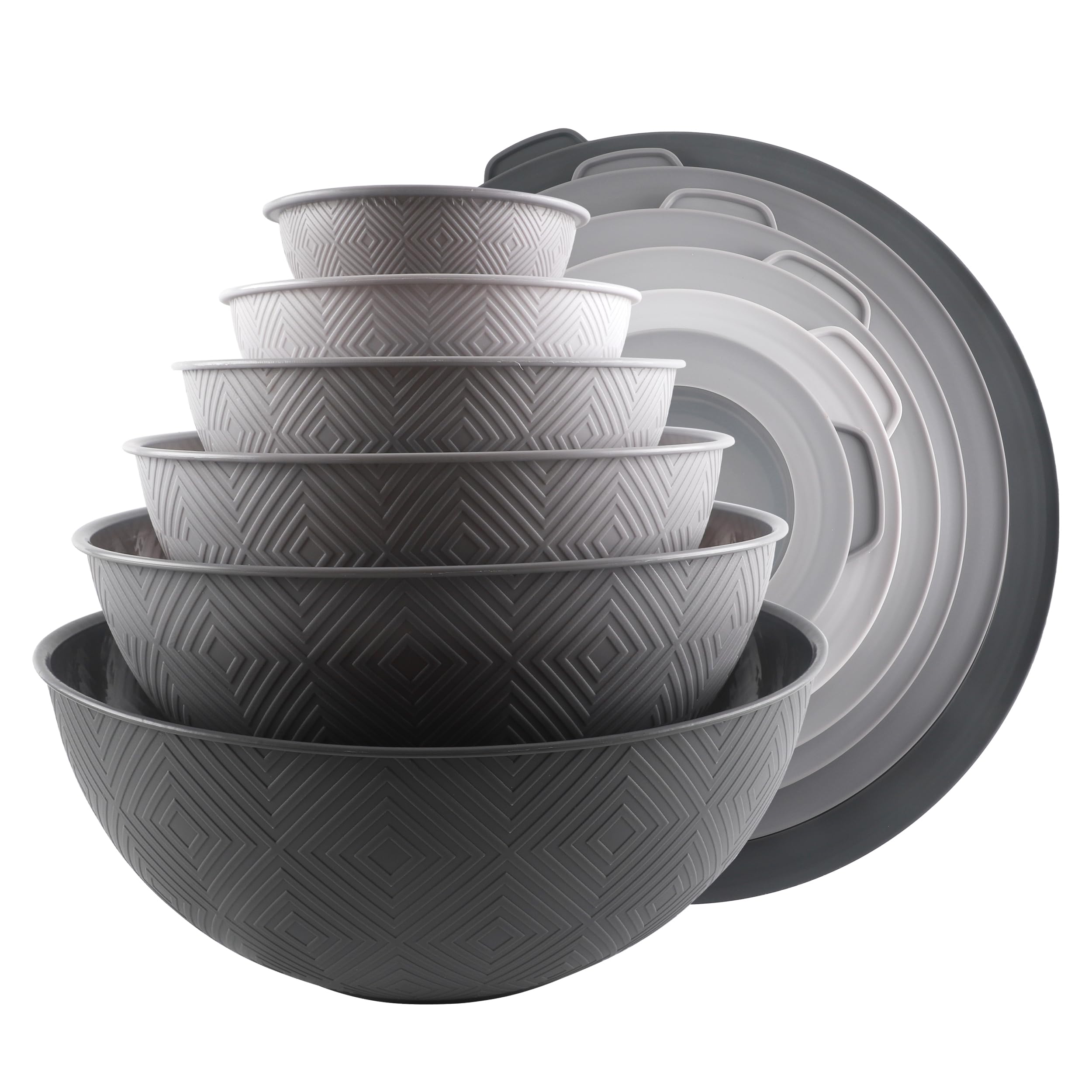 Photo 1 of COOK WITH COLOR Mixing Bowls with Lids - 12 Piece Plastic Nesting Bowls Set includes 6 Prep Bowls and 6 Lids, Rhombus Design - Microwave Safe (Grey)