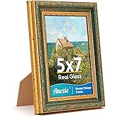 Anozie Vintage 5x7 Picture Frames,Antique Gold Photo Frames with Real Glass Front,Ornate Picture Frames Display for Wall or Tabletop Décor,1 Pack,Green