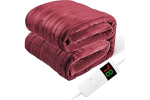 DAICO Electric Blanket Full Size Flannel Heated Blanket with Double 10 Heating Setting Controllers Fast Heating Blanket for Bed, 1/2/4/6/8H Selectable Auto Shut Off Settings, 72"x84", Wine Red