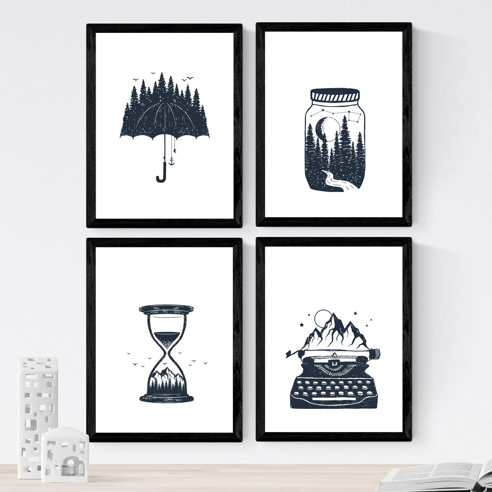 Nacnic Set of 4 prints of Elements. Beautiful nature designs in nordic style. Wall decoration for your home, office or shop. A4, frameless.
