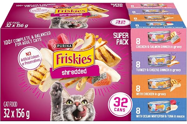 Friskies Shredded Wet Cat Food, Poultry & Fish Combo Variety Pack 4 Flavours - 156 g Can (32 Pack)