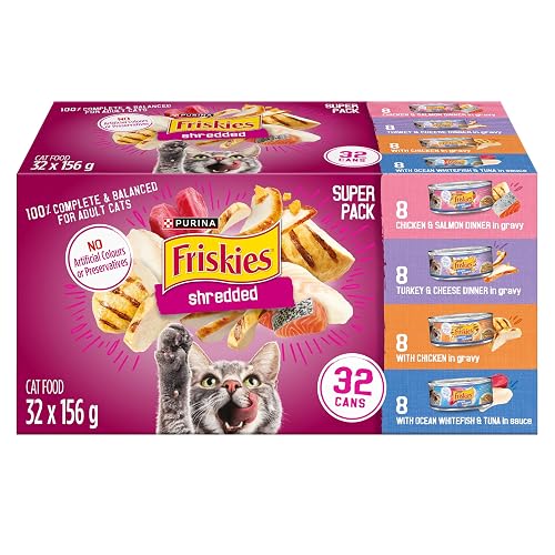 Friskies Shredded Wet Cat Food, Poultry & Fish Combo Variety Pack 4 Flavours - 156 g Can (32 Pack)