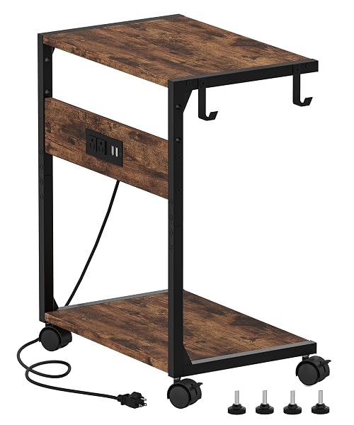 AKXOMEL 2 TIER COMPUTER TOWER STAND WITH CHARGING STATION, 11.8″ D X 16.5″ W ROLLING FLOOR PC TOWER STAND FITS UNDER DESK, CPU HOLDER CART FOR CARPET WITH HOOKS, C SHAPED END TABLE FOR HOME OFFICE