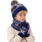 Kids Winter Knitted Hat Gloves Scarf Set 3 Pcs Warm Fleece Lined Beanie with Pom Gloves Neck Warmer for Boys Girls