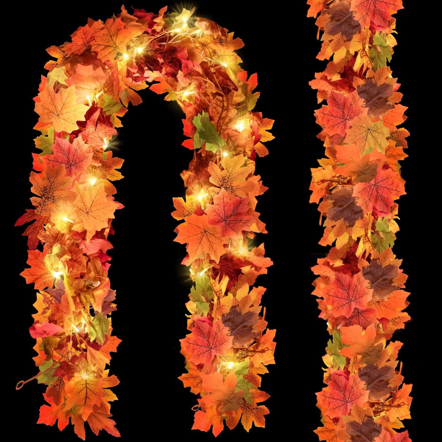 Wreaths, Garlands & Swags - 2 Pack Fall Garland with Lights, Autumn Thanksgiving Artificial Maple Fall Leaves Garland with 9.84ft 30LED String Lights for Harvest Halloween Fall Decorations for Home Mantle Porch Indoor Outdoor