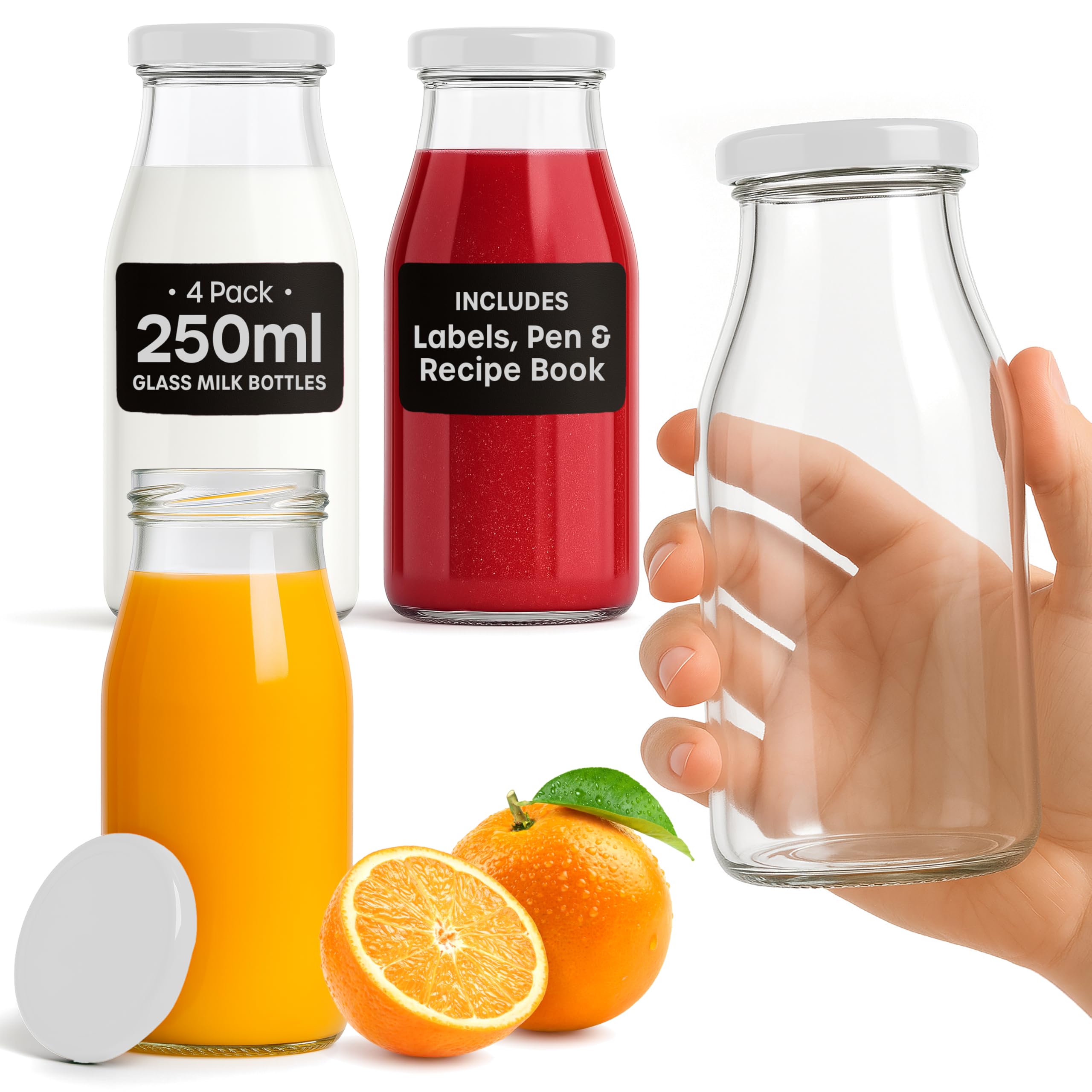 volila Glass Milk Bottles with Lids - 4 Pack x 250ml Glass Bottles with Lids, Labels, and Pen - Reusable Milk Bottle for Juices, Dressings, Sauces, Beverages, Decoration and Storage (White Lid)