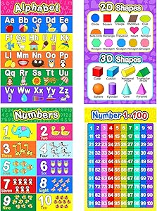Educational Preschool Poster for Toddler and Kid with Glue Point Dot for Nursery Homeschool Kindergarten Classroom - Teach Numbers Alphabet Colors Days and More 16 x 11 Inch (4 Pieces, Style C)