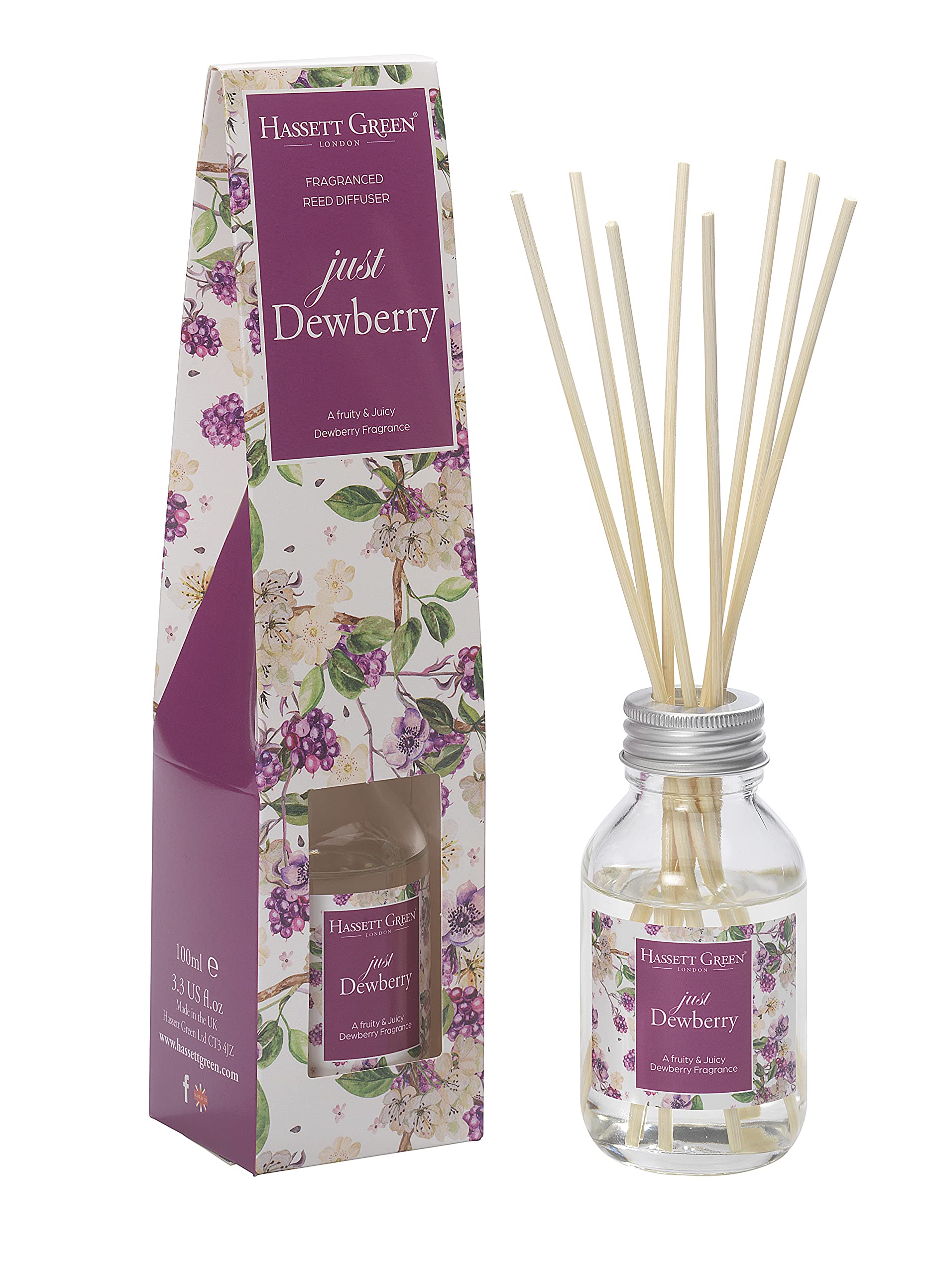 Hassett Green London - Just Dewberry - Fragrance Oil Reed Diffuser - 100ml Glass Bottle with 8 Rattan Reeds