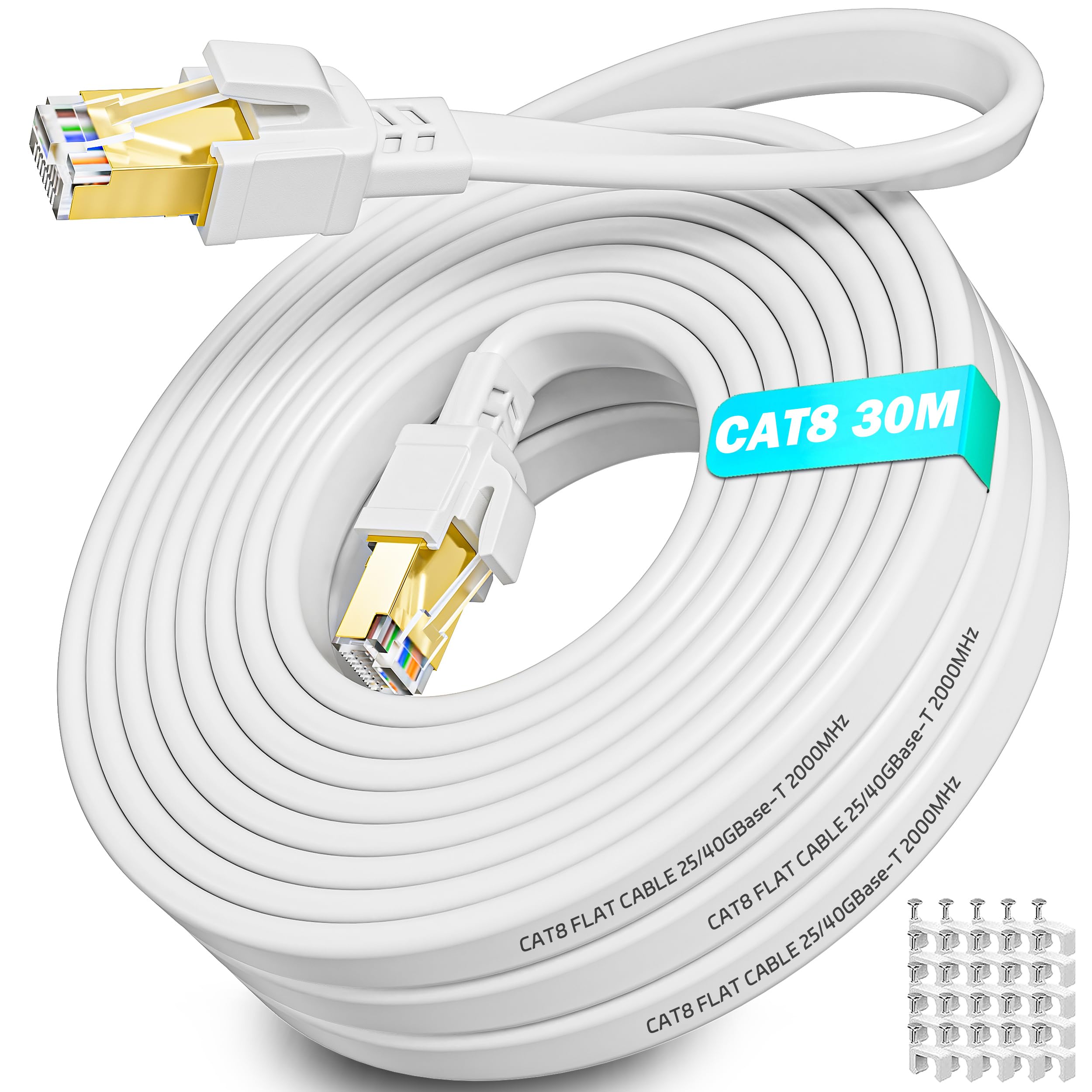 Soibke Ethernet Cable 30m, Cat 8 Flat White High Speed Long Internet Network Cable 30 Meter Outdoor Indoor 40Gbps 2000MHz RJ45 Gigabit LAN Patch Cord for Modem Switch PS5/4 — image 1