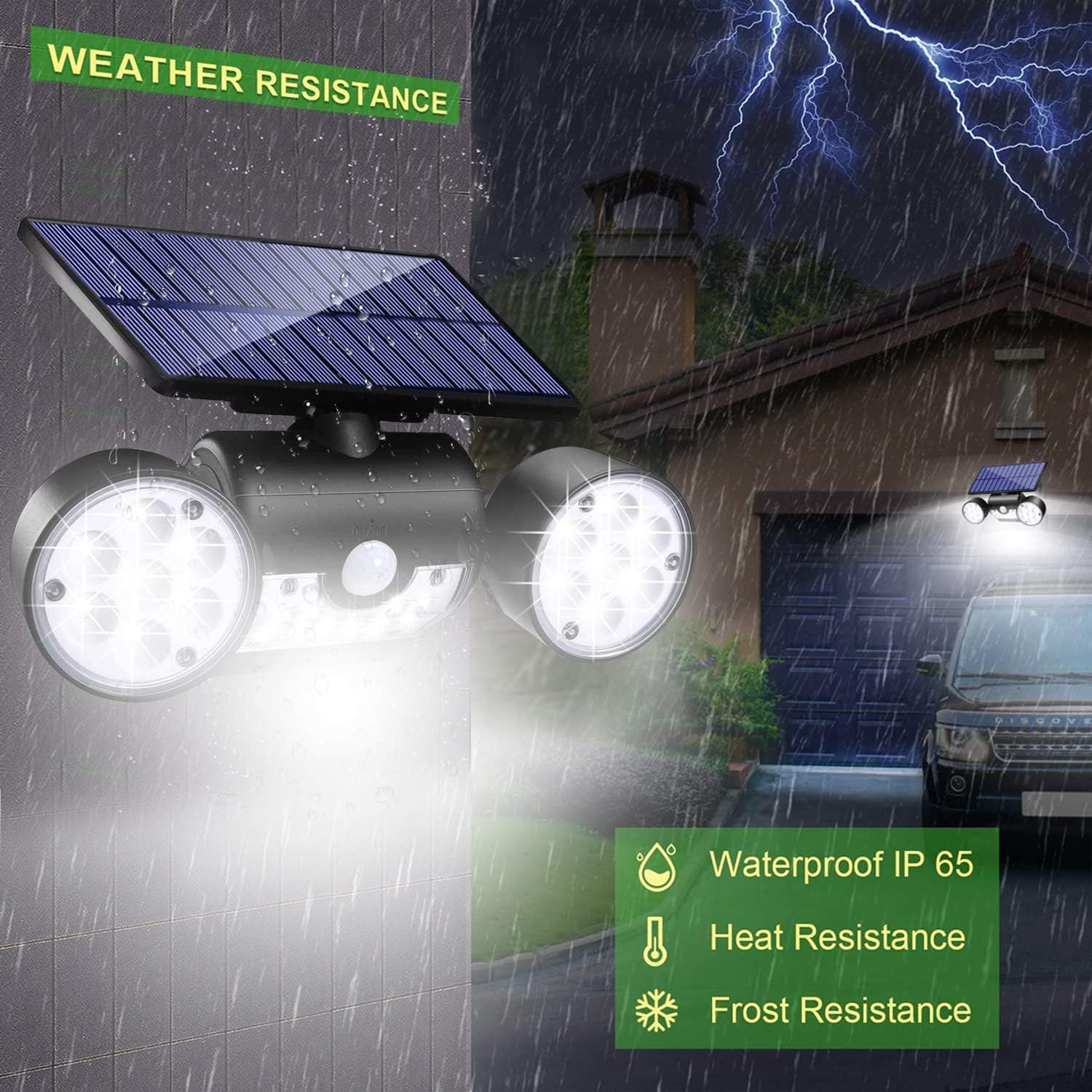 Ambaret Outdoor Solar Lights, 30 LED Solar Security Lights with Motion Sensor Dual Head Spotlights IP65 Waterproof 360° Adjustable Solar Motion Lights Outdoor for Yard Garden Garage Patio 2 Pack - - 