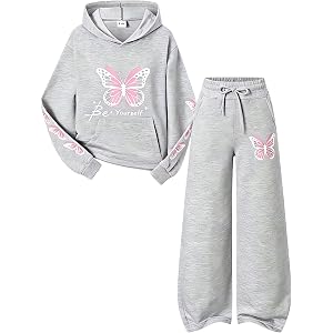 KIDLAGA Girls Clothes 2 Piece Cute Butterfly Print Hoodie & Wide Leg Pants Fall Winter Outfits for Teen Girls Size 7-14Y