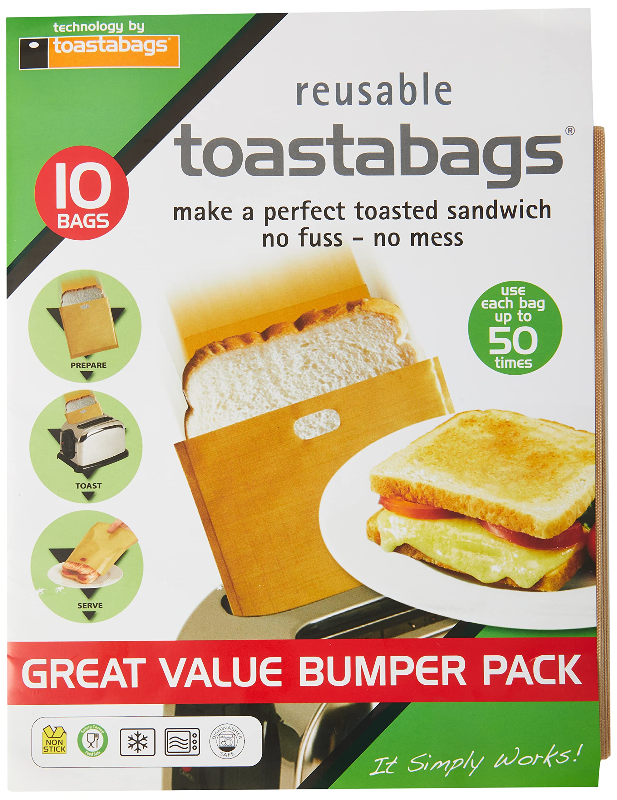 toastabags Reusable Toastie Bags, 10 Pack – Non-Stick Toasting Bags for Sandwiches, grilled cheese, Paninis & Snacks – Easy Clean, Mess-Free Toaster Liners