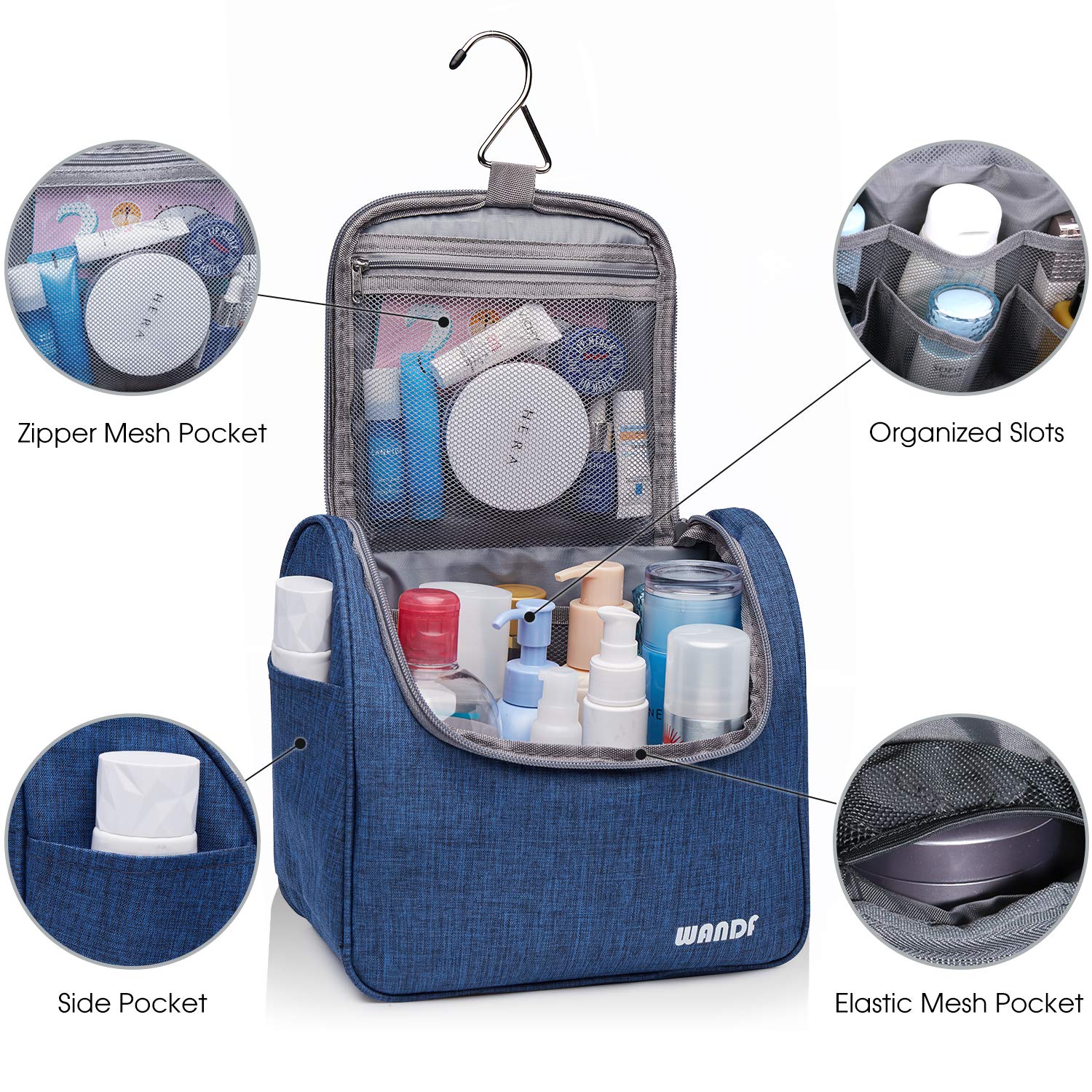 WANDF Hanging Toiletry Bag Travel Cosmetic Organizer Shower Bathroom Bag for Men Women Water-resistant  (M, Denim Navy Blue) : Beauty