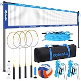 32FT Volleyball Badminton Combo Net Set System, 4 Heights Adjustbale | with 1.25" Poles, Anti-Sagging Net, 4 Badminton Rackets, 3 Birdies and PU Volleyball for Backyard Lawn Beach