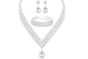 MIRACULOUS GARDEN 3/4 Pieces Women Jewelry Set Rhinestone Tiara Crown Necklace Bangle Bracelet Crystal Teardrop Dangle Earrings and Rhinestone Handbag for Wedding Party