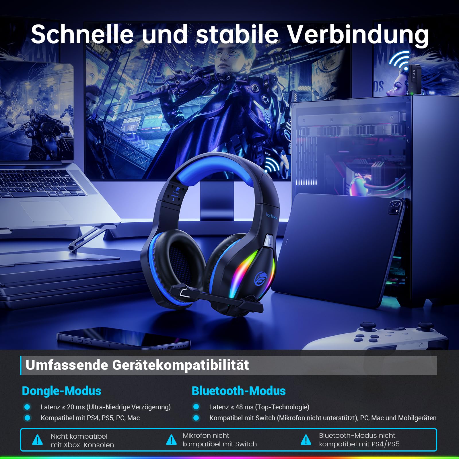 Fachixy FC100 Headset mit Mikrofon, 2,4G Wireless Gaming Headset für PS5, PS4, PC, Switch, Mac, Surround Sound Bluetooth Gaming Kopfhörer kabellos mit LED Licht, Über 50 Stunden Akkulaufzeit 4