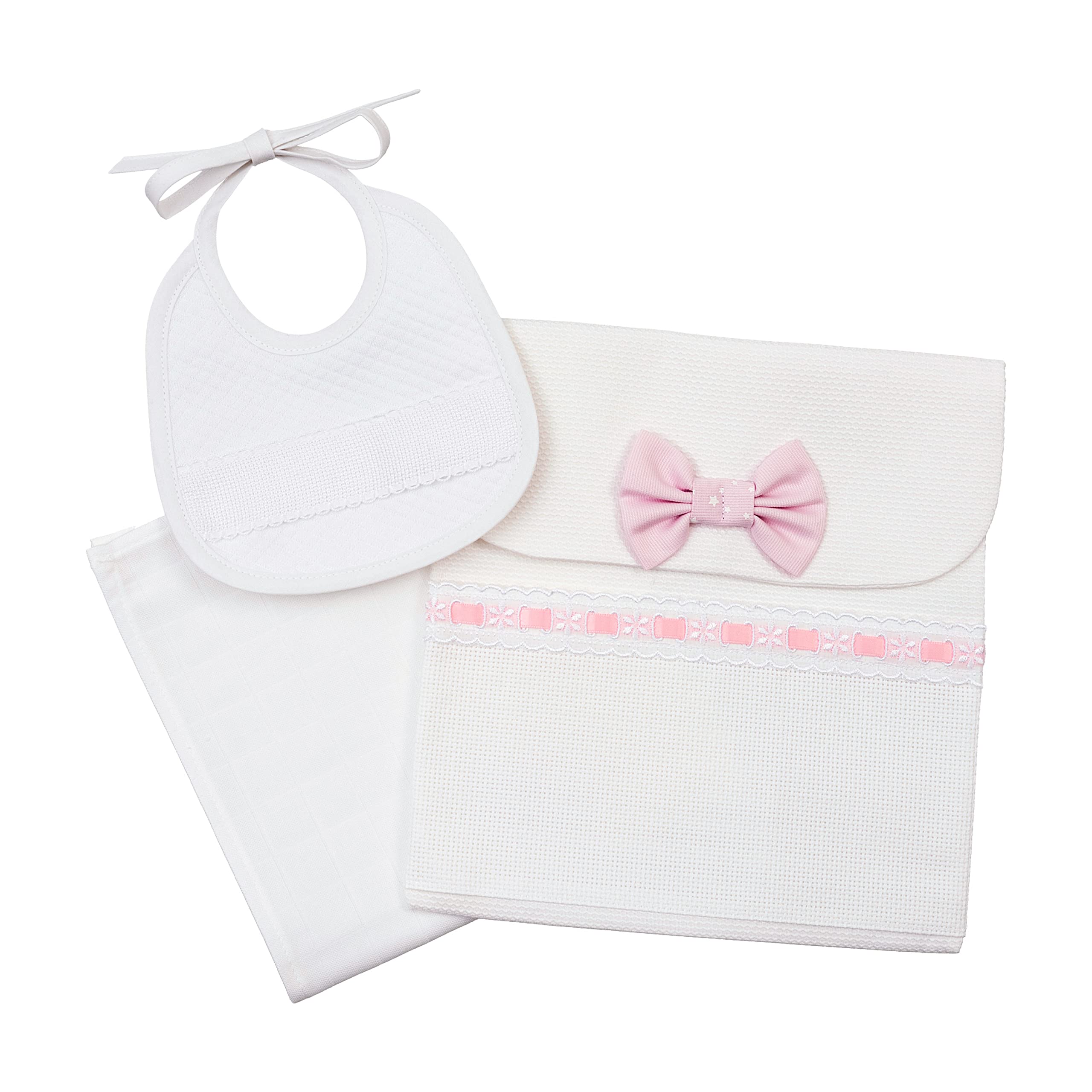 AGOFIL FILET - Babywearing Set, Made up of a Bag with Aida Insert, Washcloth and Bib to be Embroidered, Gift idea for Future Parents, 100% Cotton, Made in Italy, White and Pink.