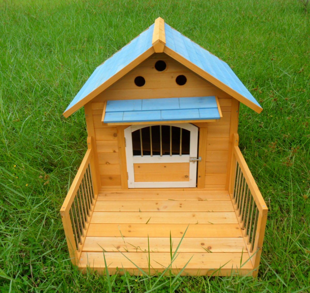 NEW Wooden Mansion Dog House Pinnacle Roof Waterproof Raised Floor W Patio Balcony
