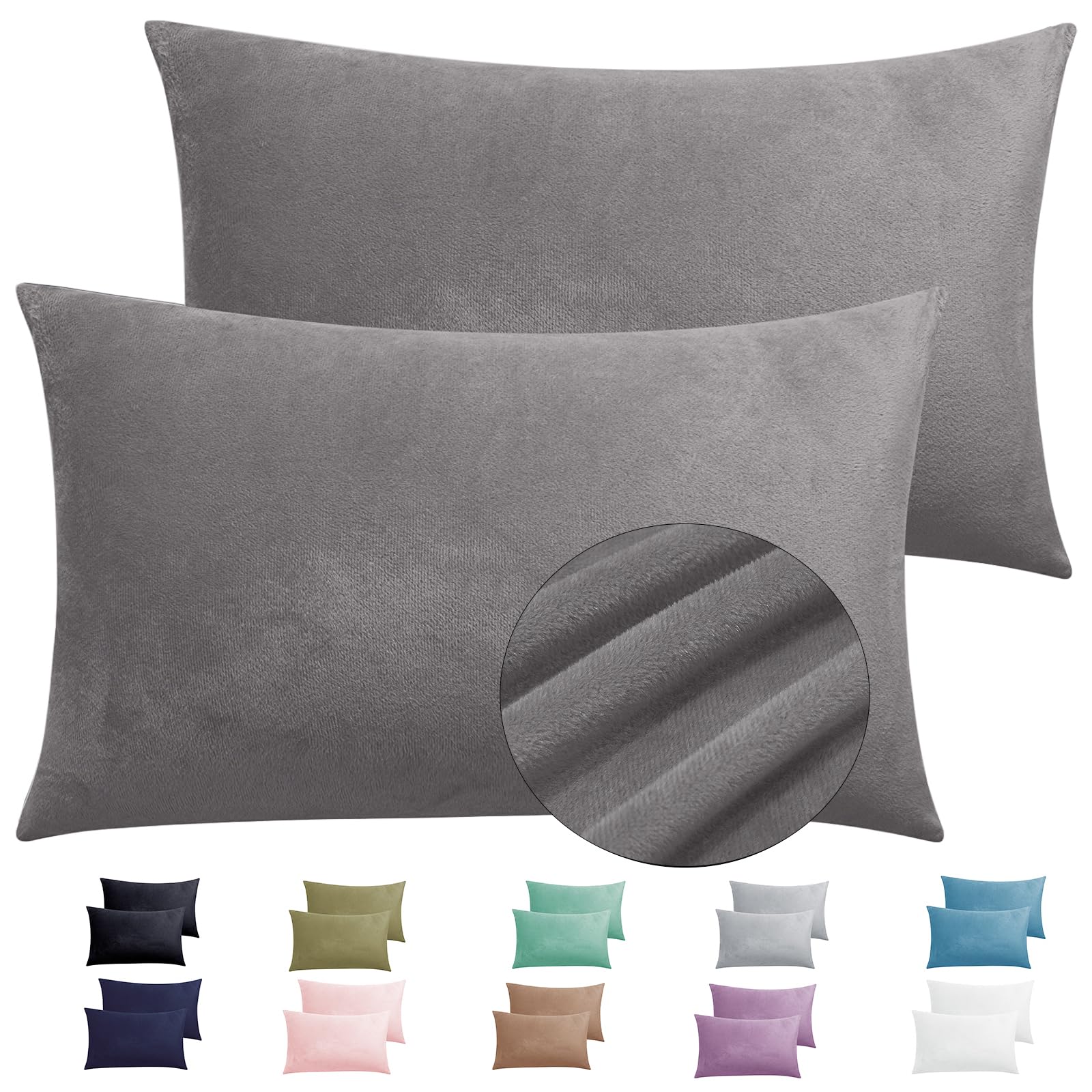 Photo 1 of 2 Pack Zippered Velvet King Pillowcases, Super Soft and Cozy Luxury Fuzzy Flannel Pillow Cases with Zipper, 20x36 Inches, Dark Grey