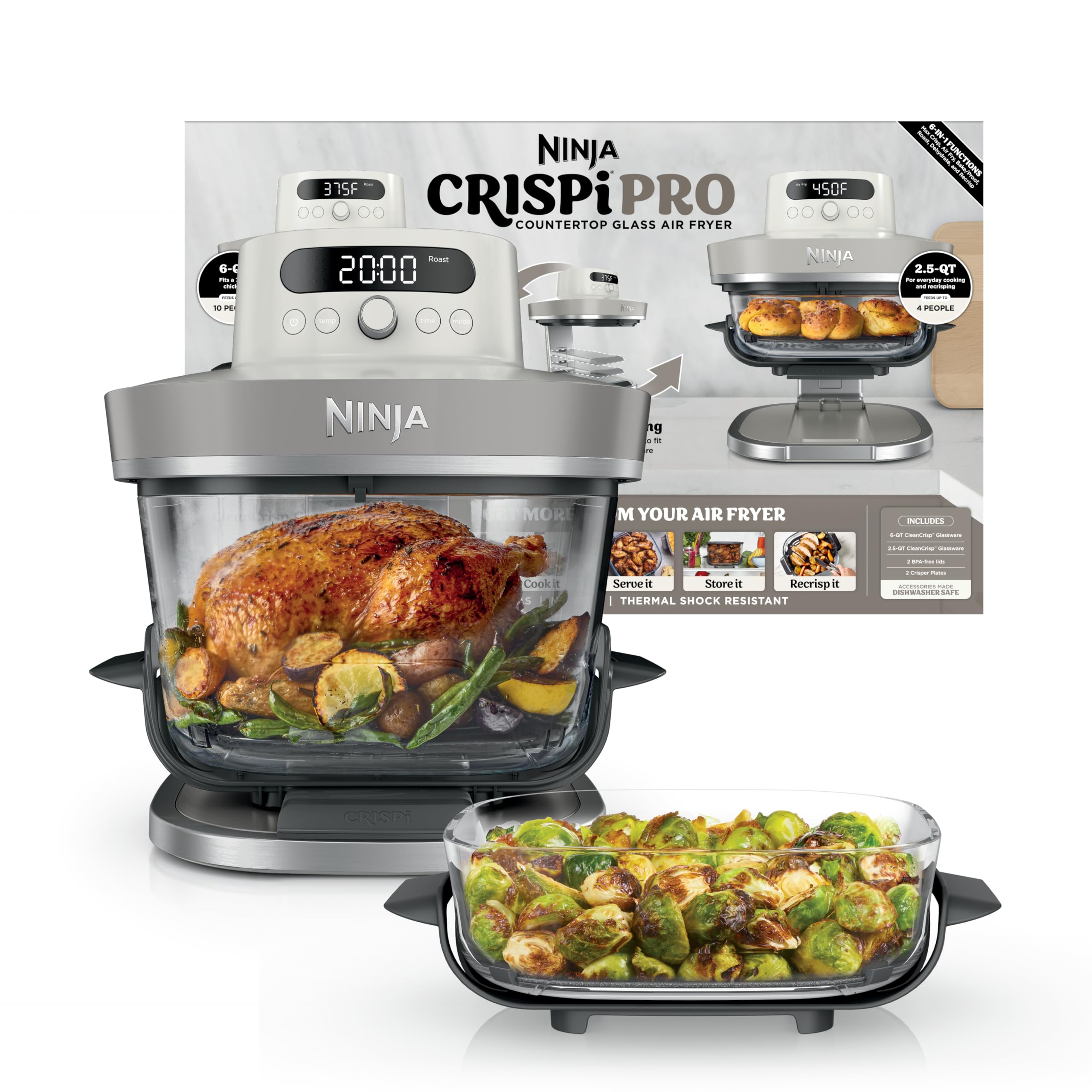 Freidora de aire de vidrio Ninja Crispi Pro 6 en 1 | Con contenedores y tapas no tóxicos de 6 qt y 2,5 qt | Apto para microondas, congelador y lavavajillas | Temperatura máxima de 450 °F | 1800 vatios | Hueso | AS101LG