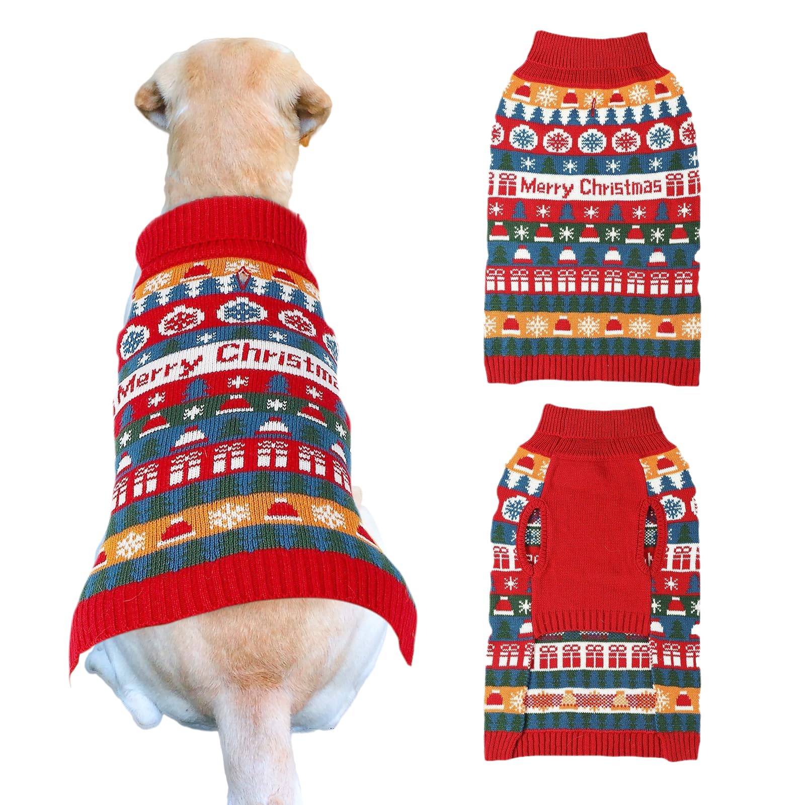 Dog Sweater Christmas Jumper Xmas Dog Holiday Sweaters Colorful Stripes Snowflakes Knitwear Pullover Winter Coat Pet Clothes Sweater for Dogs Puppy Kitten Cats