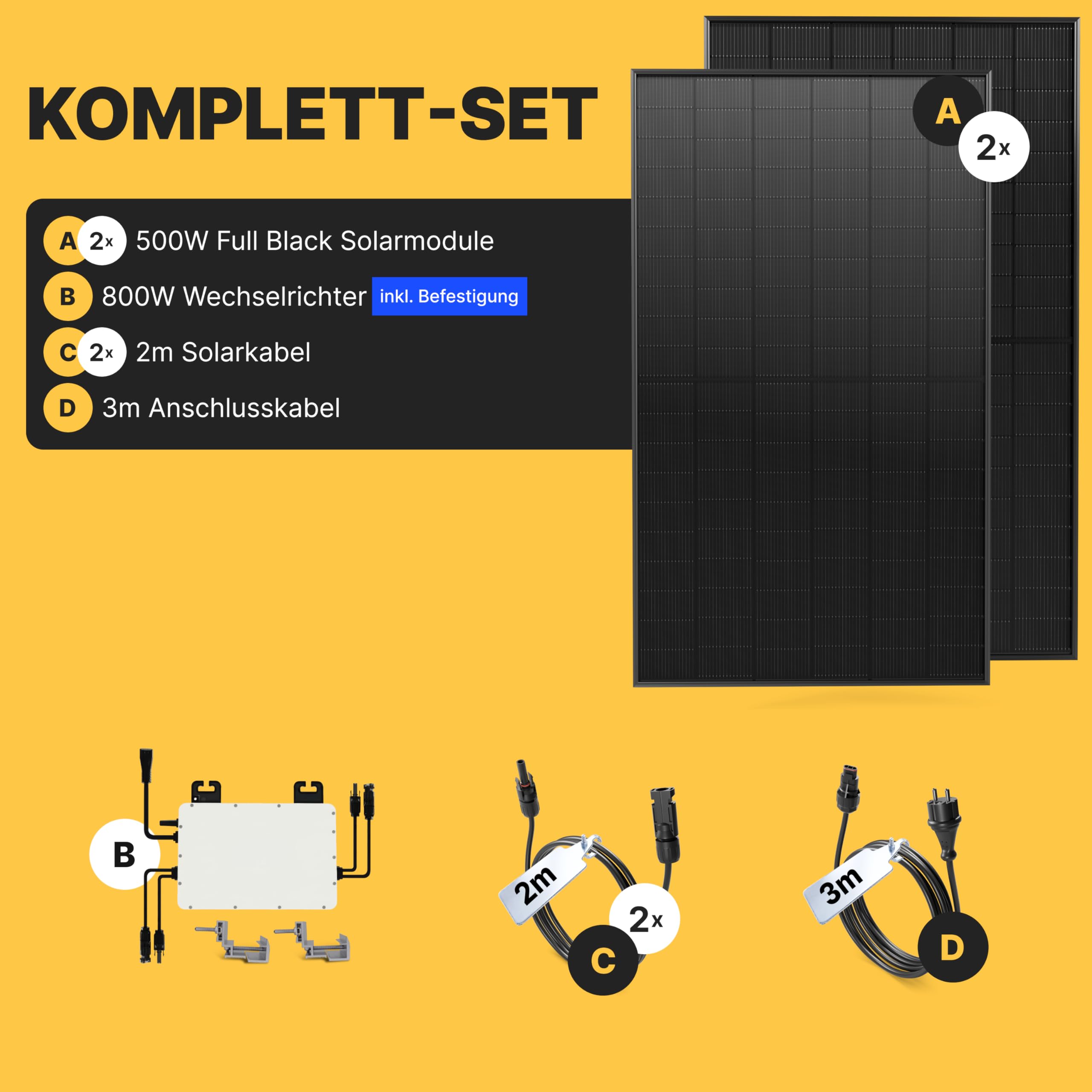 Solakon® 1000W Balkonkraftwerk - Balkonkraftwerk 800W komplett Steckdose - neuester 800 Watt Wechselrichter - Solaranlage Komplettset - 500W bifaziale Solarmodule inkl. Zubehör - 3m Kabel 4