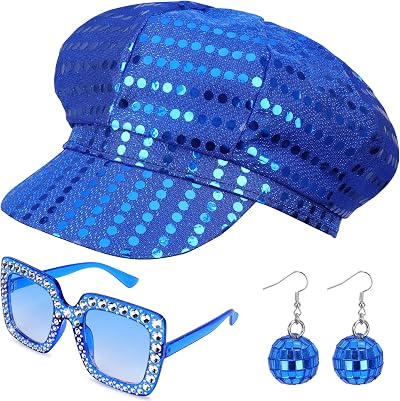 Dreamtop 3Pcs Sequin Abba Blue Hat Sunglasses Earrings Set for Women
