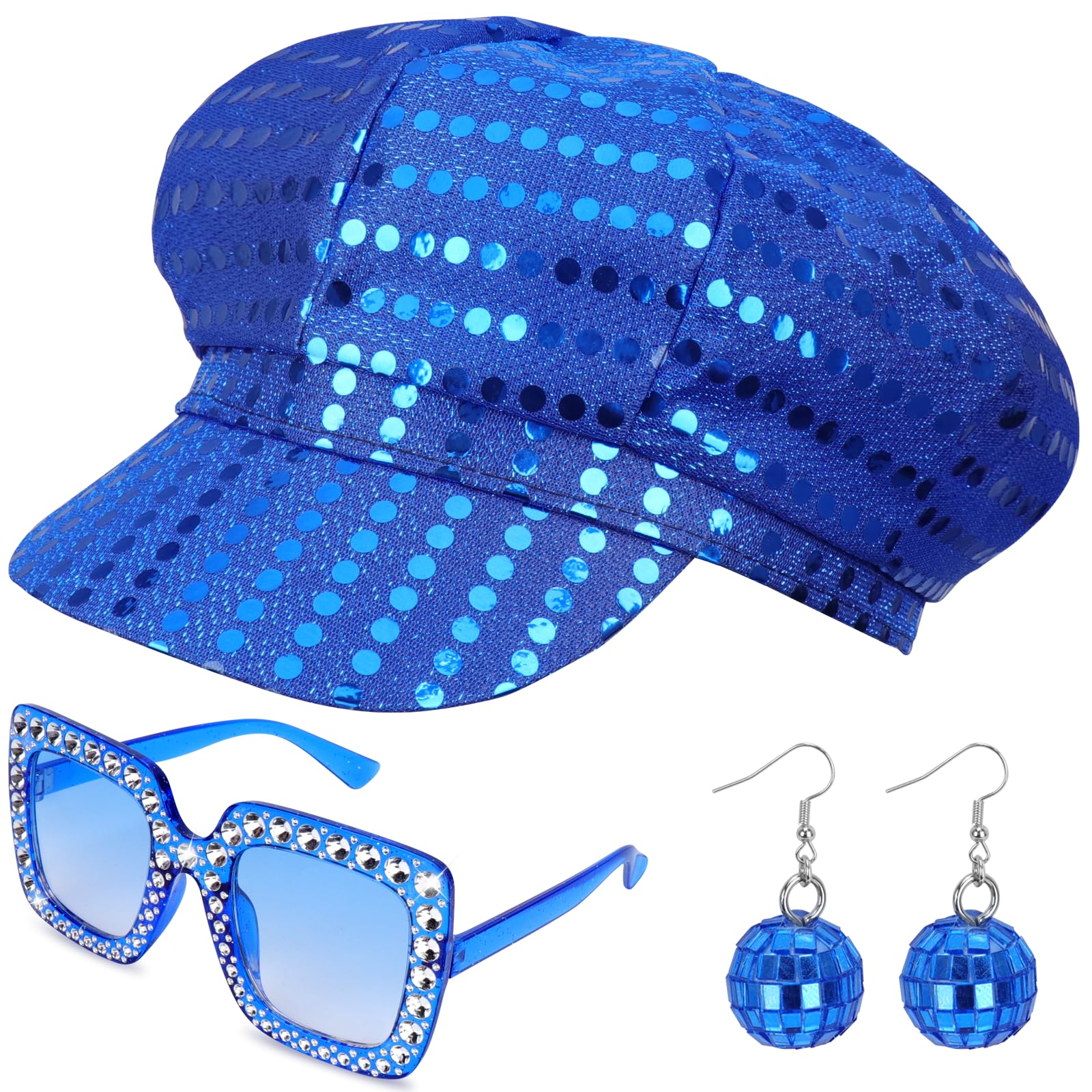 Dreamtop 3Pcs Sequin Abba Blue Hat for Adults 70s Abba Accessories with Blue Hat Sunglasses Earrings Abba Costume Set for Women Theme Party Birthday Dance