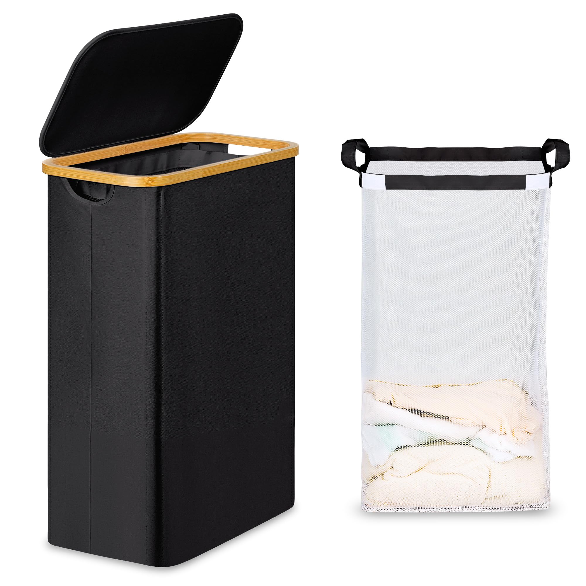 Photo 1 of efluky Slim Laundry Basket with Lid, Narrow Laundry Hamper with Removable Bag, Skinny Dirty Clothes Basket with Bamboo Handles for Bathroom, Bedroom & Laundry Room, 65L Black
