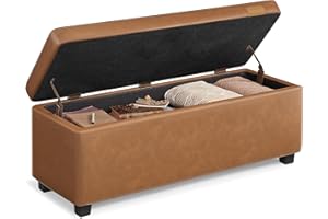 VASAGLE EKHO Collection - Storage Ottoman Bench, Entryway Bedroom Bench, 25 Gallons, Synthetic Leather with Stitching, Mid-Century Modern, Safety Hinges, Loads 660 lb, Caramel Brown ULOM075K01