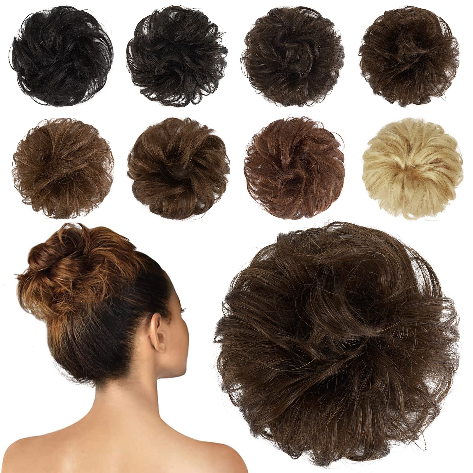 Photo 1 of FESHFEN Human Messy Buns - 100% Human Hair Bun Real Scrunchies Hair Pieces Ponytail Extensions Wavy Tousled Updo Chignon Hairpieces for Women, Medium Chestnut Brown