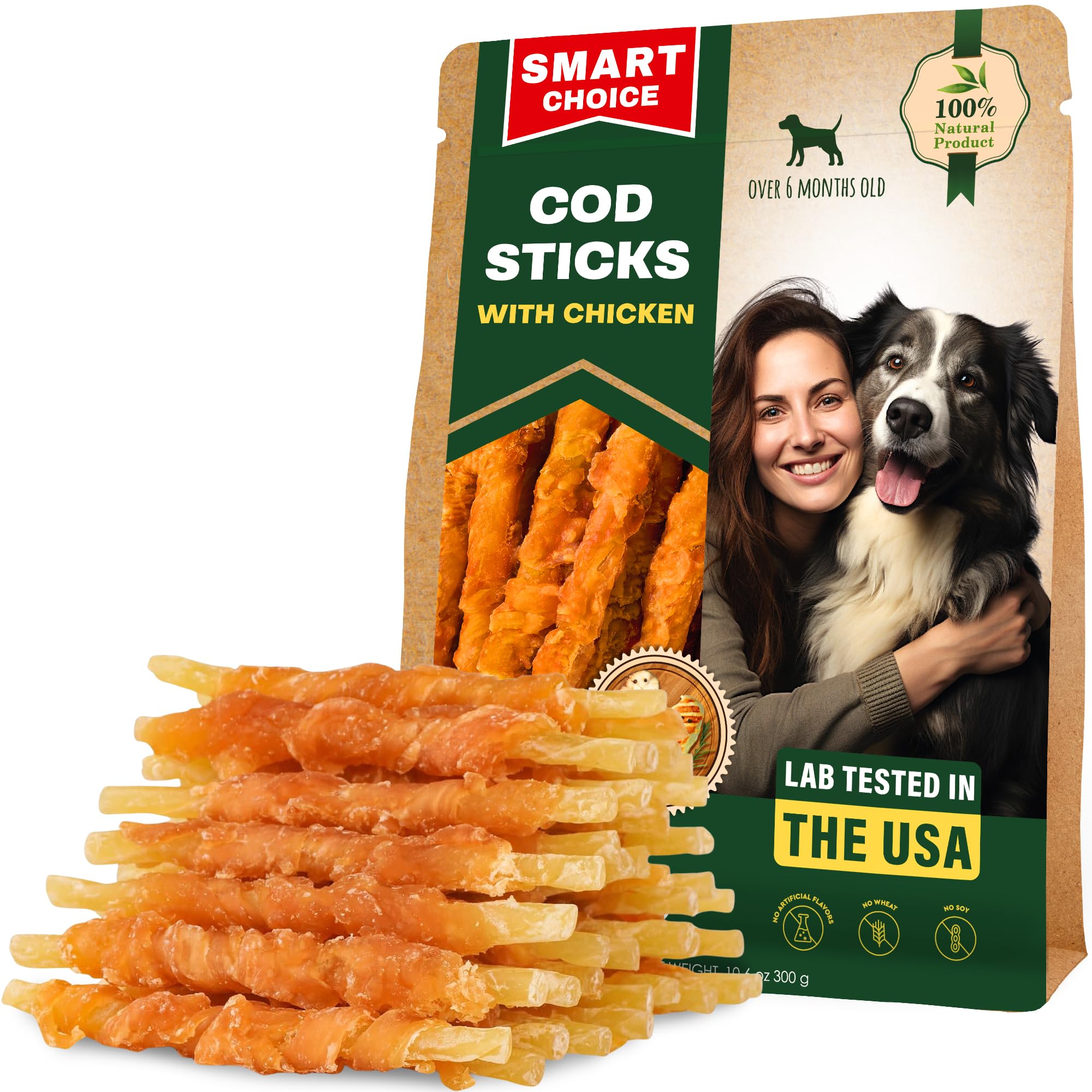 Dog Treats – Cod Twist Sticks Wrapped in Chicken, 300 g – All Natural, Rawhide-Free, Grain-Free, Long-Lasting Chews for Large and Small Dogs – Supports Healthy Teeth and Skin (Jerky Cod Sticks)