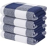 Homaxy 100% Cotton Waffle Weave Check Plaid Kitchen Towels, 13 x 28 Inches, Super Soft and Absorbent Dish Towels for Drying Dishes, 4-Pack, White & Navy Blue