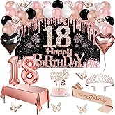 18th Birthday Decorations for Girls, 49pcs Black Rose Gold Black Banner, Tablecloth, Butterfly Decor, 18th Birthday Sash and Tiara, Cake Topper, Candles, Balloons Arch