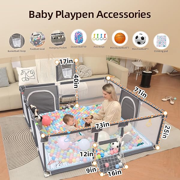 PLAYPEN FOR BABIES AND TODDLERS,73″X71″BABY PLAYPEN WITH MAT INDOOR＆OUTDOOR WITH BREATHABLE PLAY PEN WITH OCEAN BALLS HANGING POCKET BASKETBALL HOOP AND FOOTBALL GOAL (GREY WITH MAT, 73″X71″)