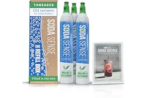 Soda Sense 3pk Threaded Connector 60L CO2 Carbonator Cylinder Recipe Book Bundle + $15 Off 1st Refill, Compatible w/Sodastream [Threaded Machines Only] Eco-Friendly CO2 Gas Refill