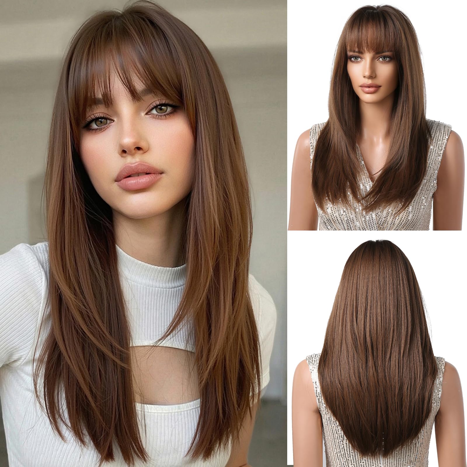 OUFEI Brown wigs for Women Long Wig with Bangs Straight Wigs Synthetic Hair Heat Resistant Wigs for Daily Party Cosplay Wear — image 1